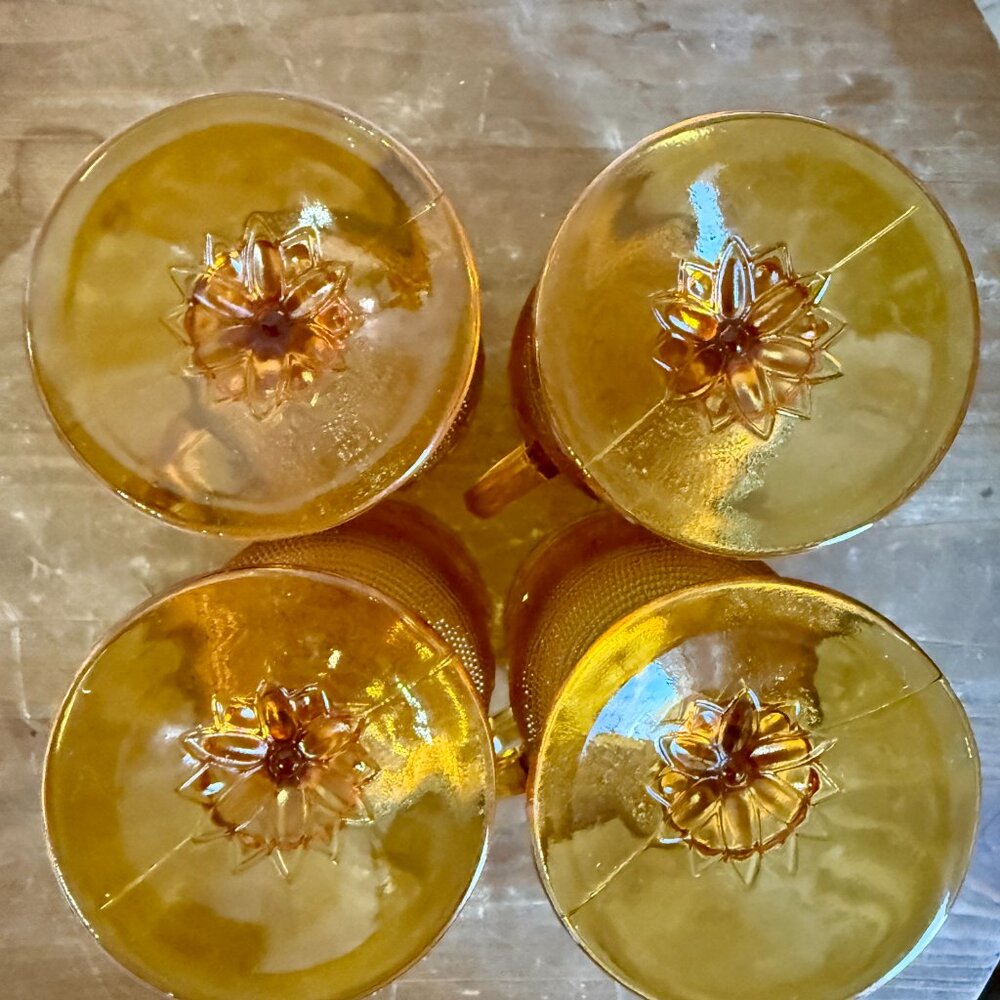 Vintage Amber Glass Footed Mugs | Daisy & Button Indiana Glass | Set of 4 Goblet - Picture 6 of 6